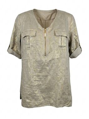 Ellen Tracy Gold Metallic Linen Utility Top Zip Front Tunic Blouse